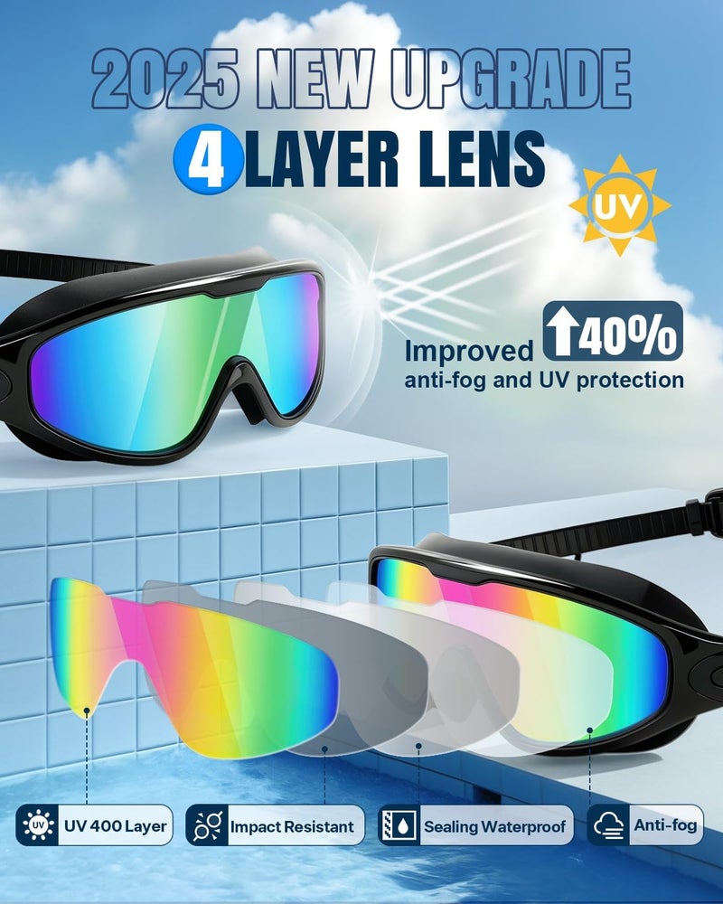 Rantizon Swim Goggles 2 Pack, Wide View Anti Fog&UV Swimming Goggles for Audlt, No Leaking Swim Glasses for Men Women Kids - Image 3